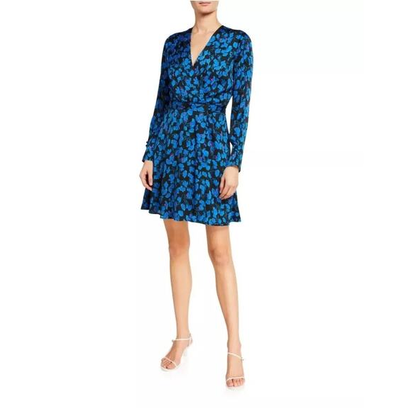 Equipment Femme Womens Blue Black Floral V-Neck Empire Waist Shift Dress NWT L - Picture 1 of 13